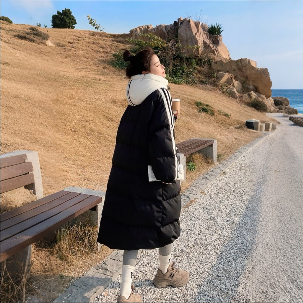 Navy Puffer Coat with Cream Stripes – Like New, Designer Quality